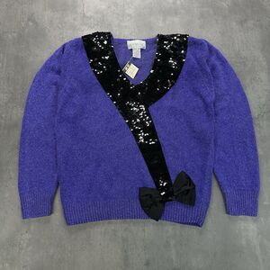 Lauren Cole Petites NWT Purple Silk Angora Sequin Bow Sweater Women’s S VTG